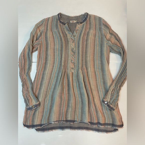 Faherty Tops - Faherty Evening Playa Stripe Linen Blend Pintuck Tunic Size Small